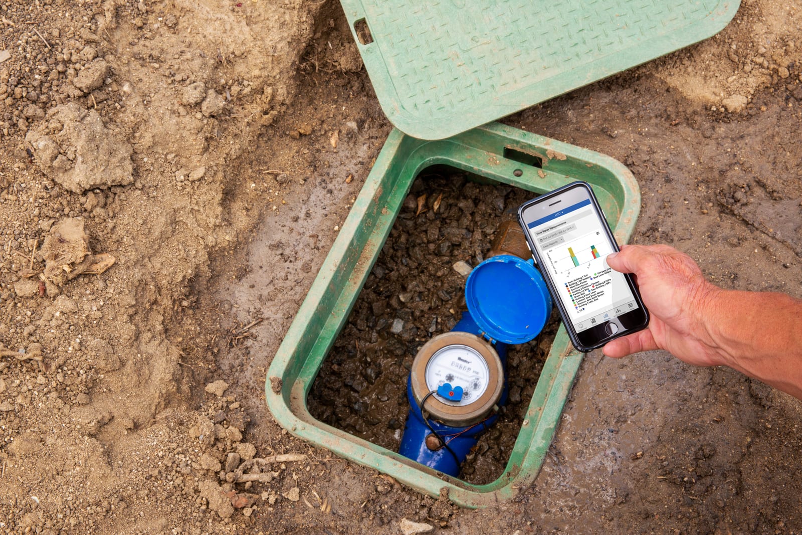 An irrigation flow meter in an open valve box beside a phone showing zone flow data in the Hydrawise app