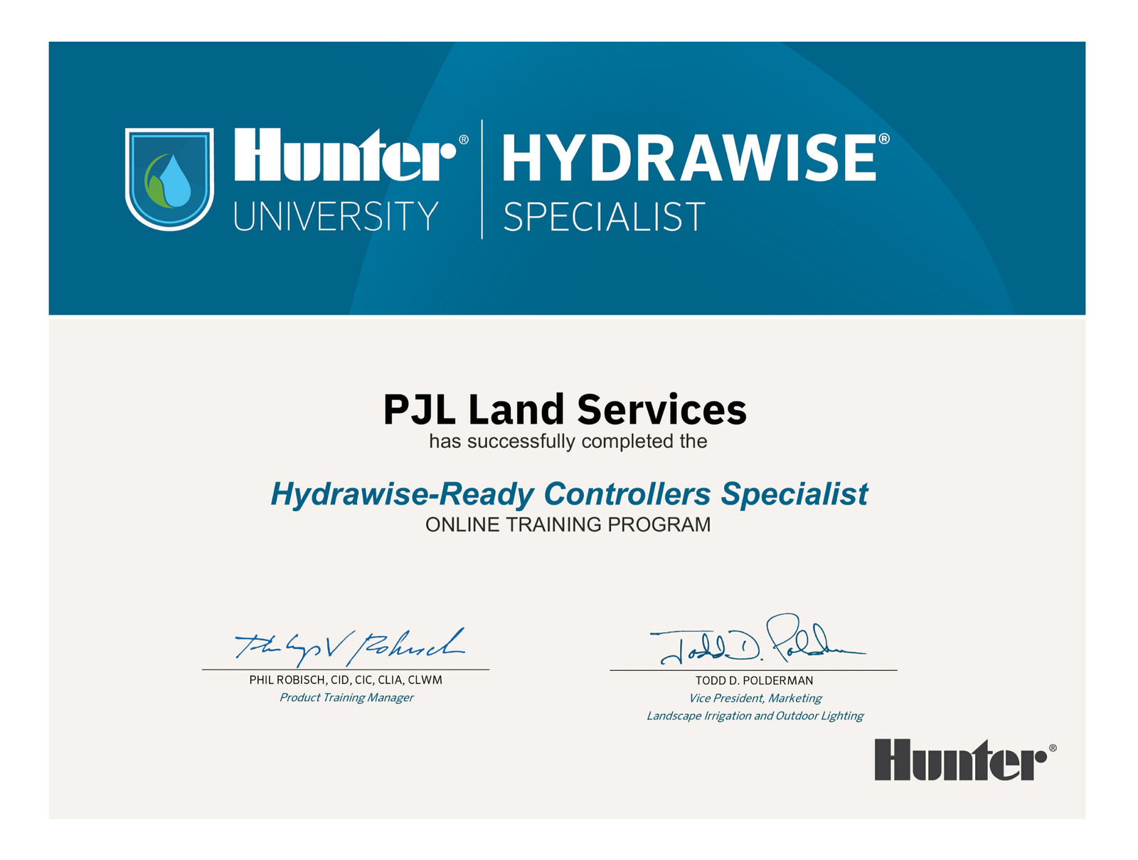 Hydrawise Specialist certificate awarded to PJL Land Services