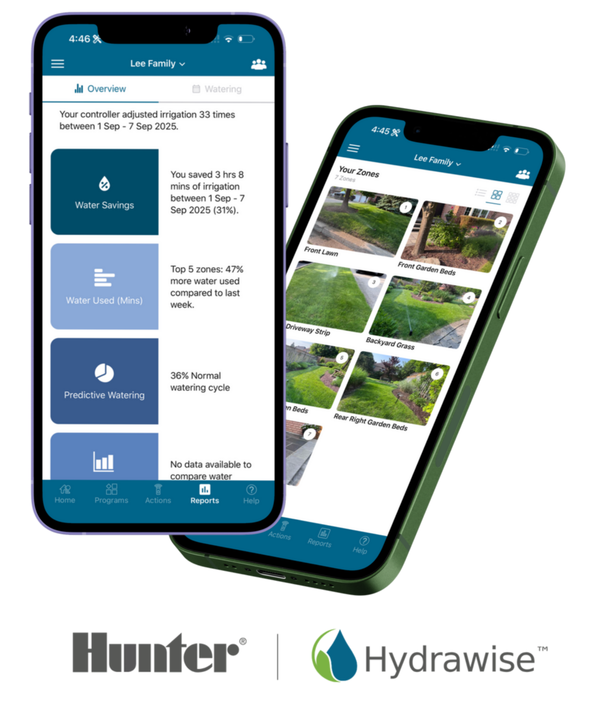 Hunter Hydrawise app interface shown on two phones