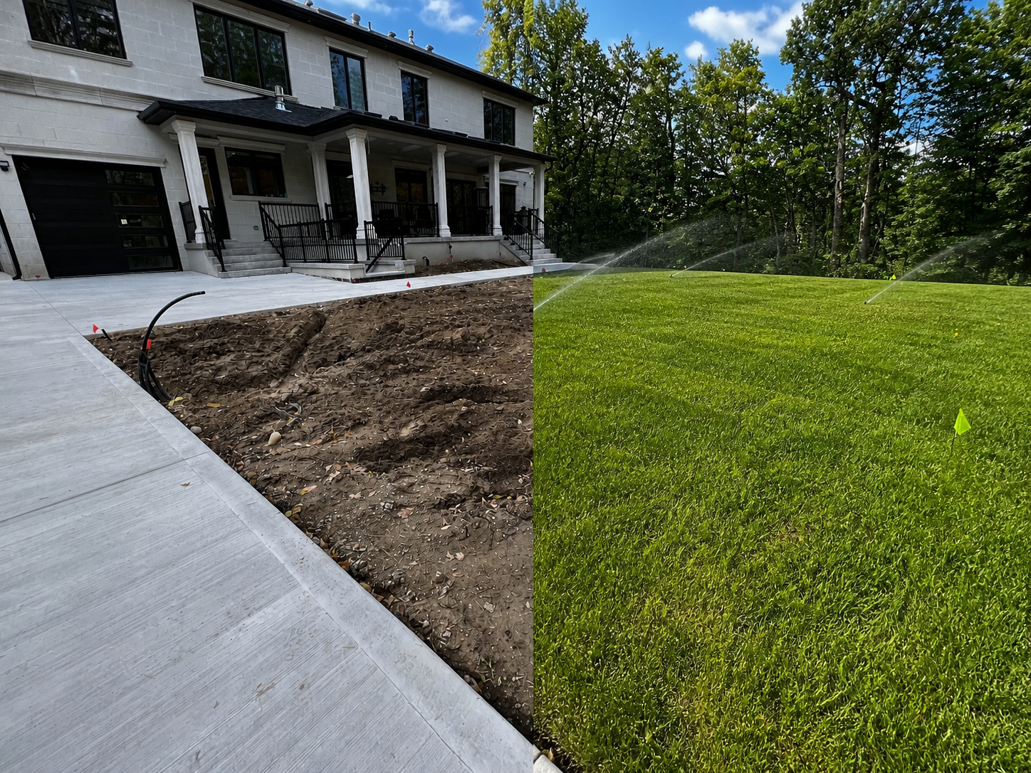 Sprinkler installation before-and-after — HDPE poly trench along a freshly poured driveway on the left, finished lawn with running pop-up sprinklers and locate flags on the right