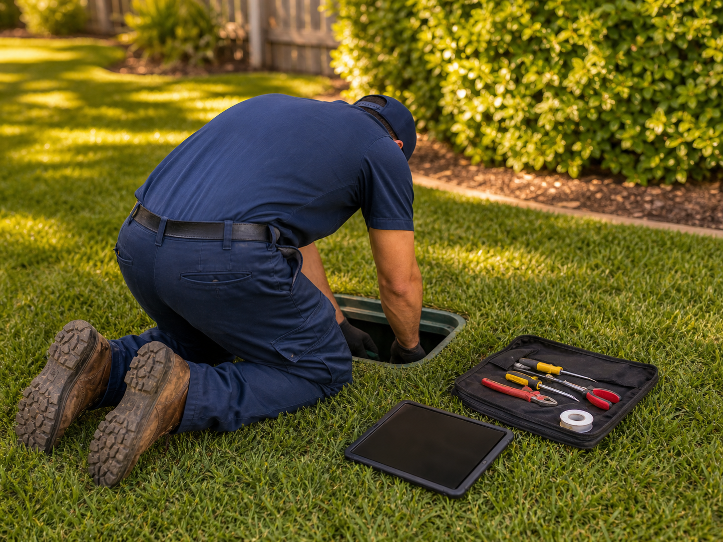 PJL technician kneeling at a valve box with diagnostic tablet and tools laid out on the lawn